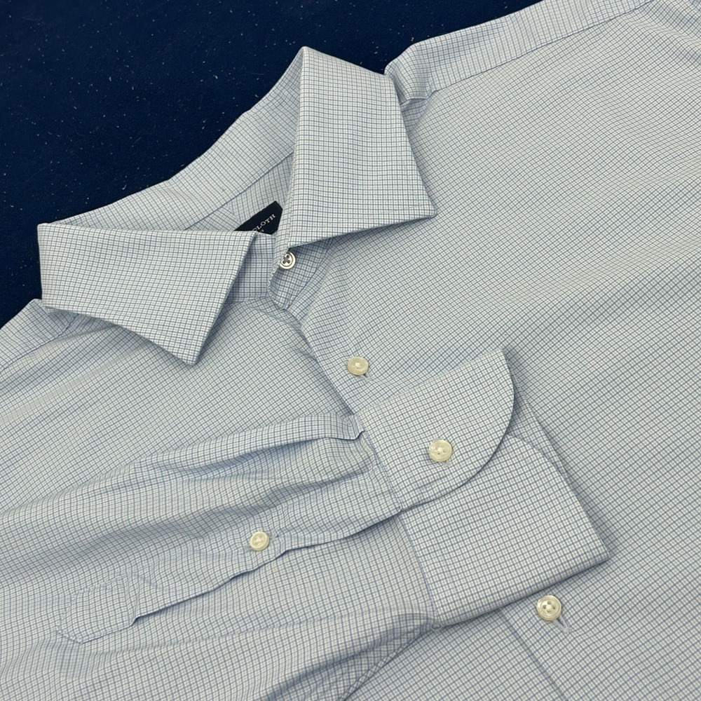 Proper Cloth Performance Shirt Mens 19.5 34.5 White Blue Check Stretch Button Up